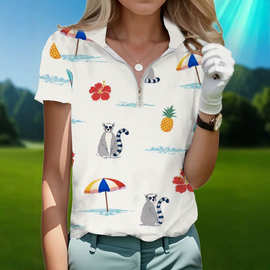 热带风狐猴菠萝花卉印花半拉链翻领短袖 Polo 衫休闲上衣女