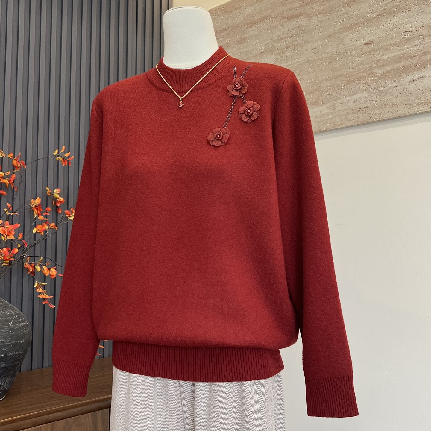 时尚妈妈装新款冬季加绒加厚上衣内搭中老年女半高领保暖百搭毛衣