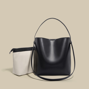 Customized New Cowhide Large-Capacity Retro Satchel Bucket Bag, High-End Commuter Niche Genuine Leather Shoulder Bag