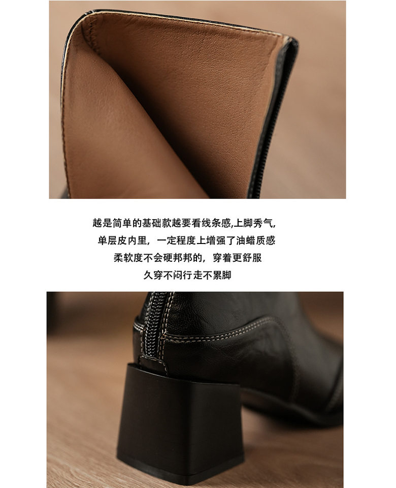 Bốt nữ cổ thấp mũi vuông gót thô 6 cm phong cách Anh, khóa kéo bên — Màu nâu đỏ, Màu nâu đỏ lót nhung, Màu đen, Màu đen lót nhung chi tiết 12