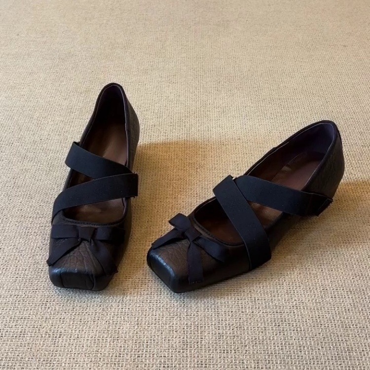 Sheepskin Version ~ Ballet Style Pig Nose Niche Mary Jane Shoes for Women with Artistic Bow Velcro Inner Heightening Shoes