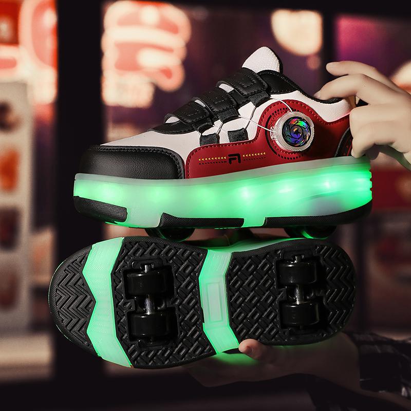 Children's Heelys Shoes, Girls' Four-Wheel Led Lighted Skates, Boys' Roller Skates, Rechargeable Sports Shoes with Wheels