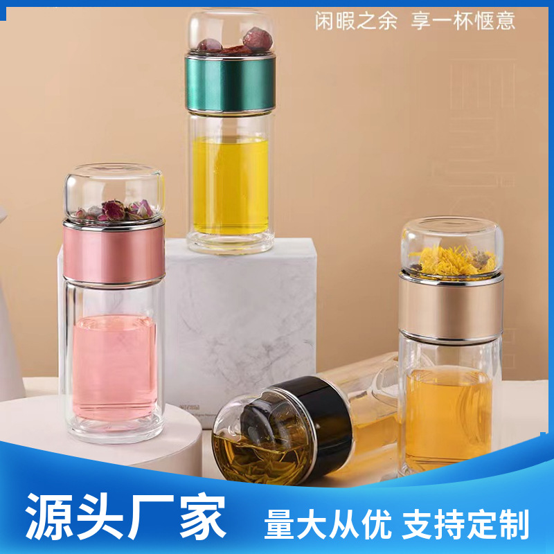 차와 물 분리형 티컵, 필터가 있는 휴대용 유리컵, 투명 여성용 가정용 이중벽 물컵