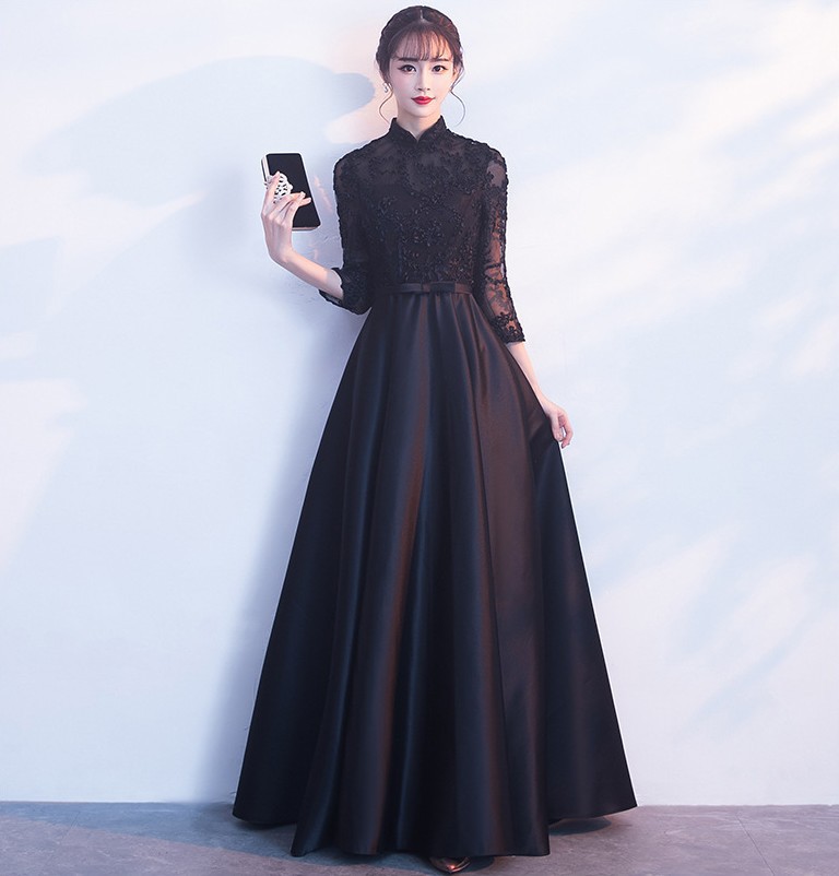 Black Formal Dress for Women 2026 New Style Stand Collar Elegant and Classy Long Summer Long-Sleeve Evening Gown for Banquets and Annual Meetings