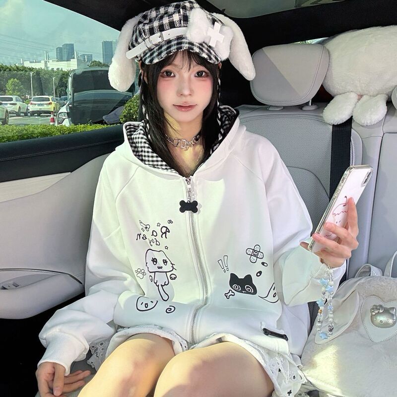 Autumn and Winter Japanese Style Style Cute Cat Print Zipper Hooded Sweatshirt 2025 Loose Cardigan Jacket Top for Women