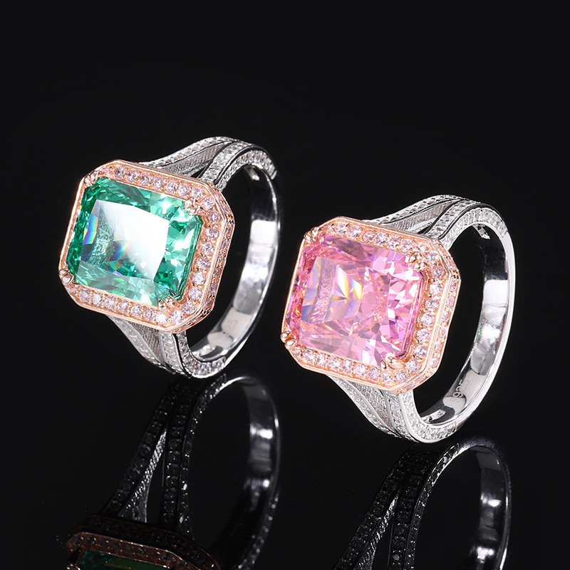Zhuang Sheng joyería S925 plata Diamante de alto carbono rectangular 10g simple elegante oro rosa color separación anillo piedra principal 10*1