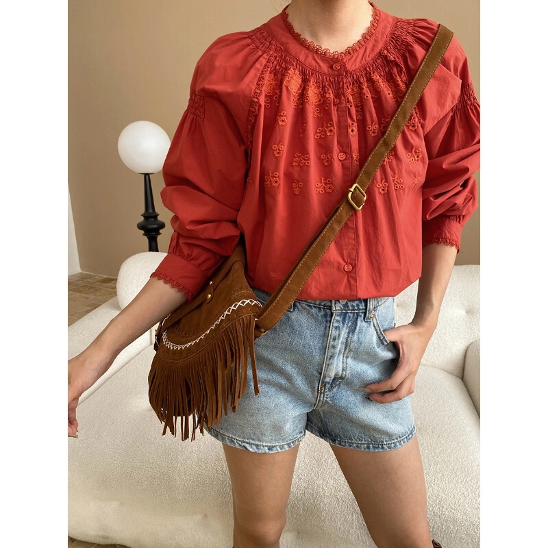 Division South-South method gentle French design feeling heavy industry hollow embroidery lace collar shirt cotton SN7415