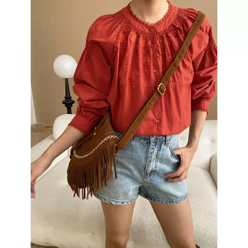 司南 南法温柔调 法式设计感重工镂空刺绣花边领衬衫全棉 SN7415