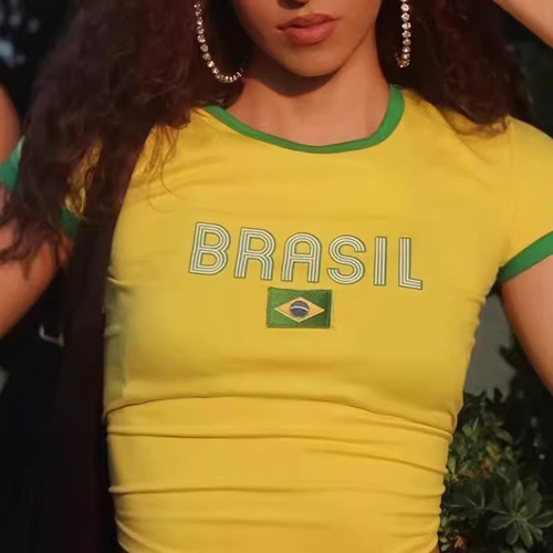 Short Bodycon Letter American Style Women's Summer T-Shirt with Midriff Exposure Sexy Streetwear