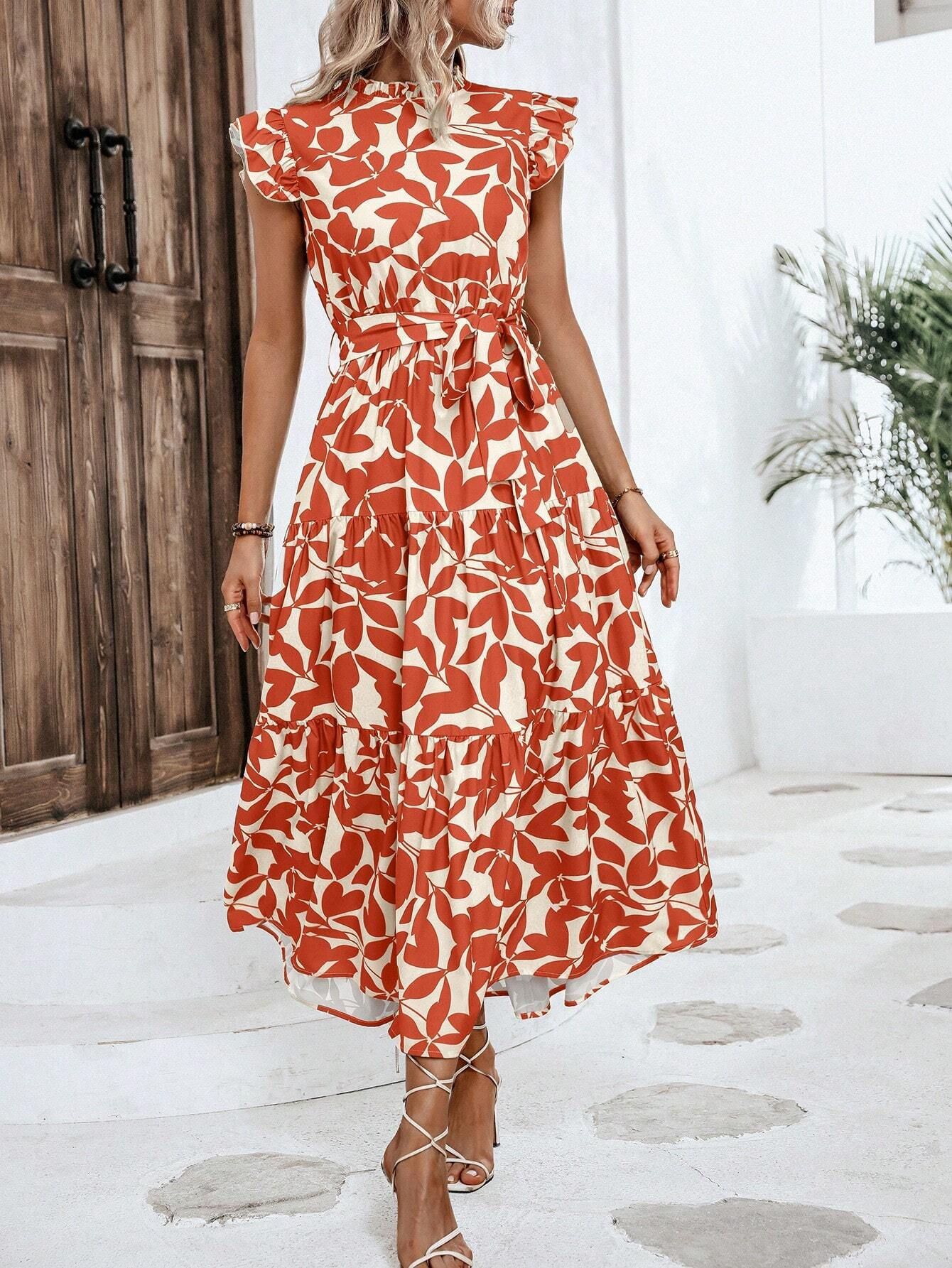 350g Weight Midi Dress Dress Length Type Sleeveless Sleeve Length Swing Dress Dresses Type Flounce Sleeve Sleeve Type Polyester Fabric Type High Waist Waist Line Holiday, Daily Occasion Standing Collar Neckline Slim Fit Type Leaf Pattern Summer Season Women's Gender Printing Design Elegant, Streetwear Style Wholesale Women's Elegant Streetwear Printing Leaf Holiday Daily Standing Collar Sleeveless Swing Dress 2