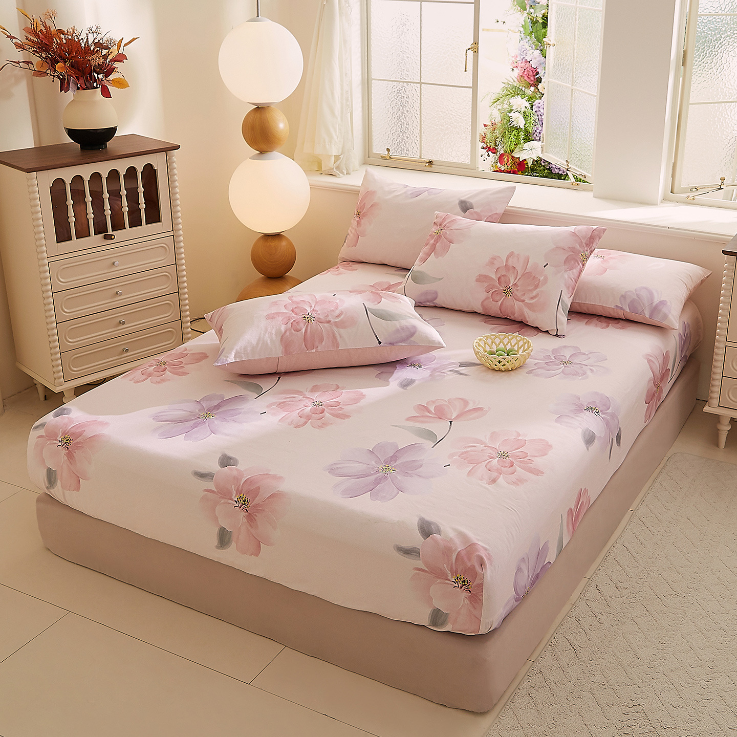 2025新品磨毛印花单纯棉床笠a类全棉枕套床罩三件套