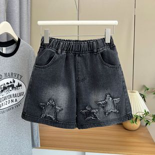 115.00kg fat sister summer new foreign style burr five-pointed star Denim shorts plus size women's casual hot pants 7290