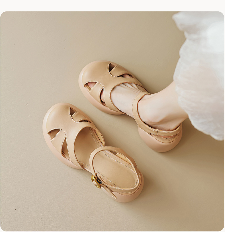 Sandal gót thô da cừu bít mũi phong cách La Mã đế dày quai ngang hở gót — Màu vàng ngỗng chi tiết 3