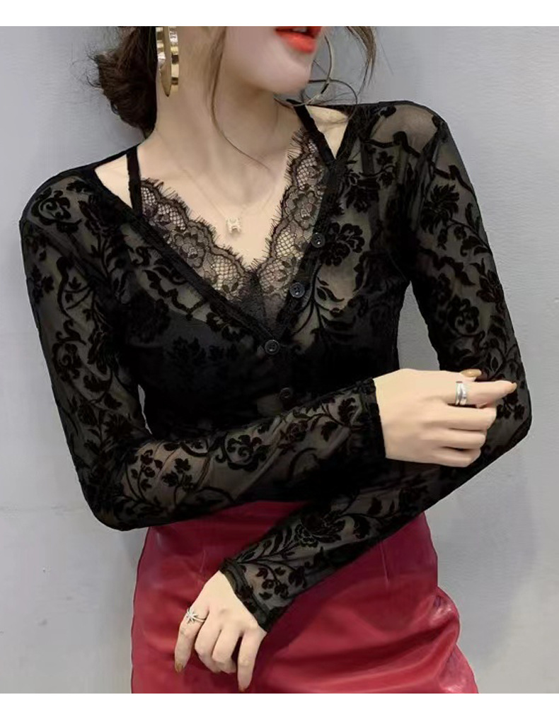 "Beflocktes V-Ausschnitt-Langarmshirt aus Mesh – Sonnenschutzbluse aus Hohlspitze für Damen"_voghion.com