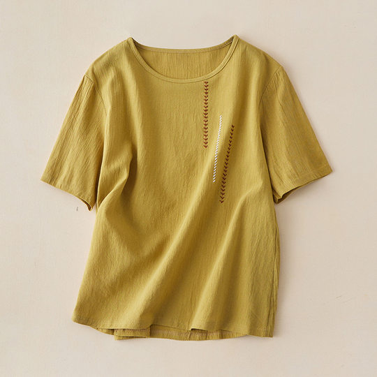 Artistic Vintage Short-sleeved Women's Embroidered Cotton and Linen Round Neck Summer New Arrival Loose plus size All-match T-shirt Pullover Top for Women