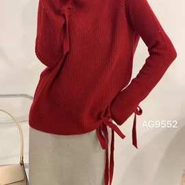 2021冬韩版宽松时尚针织加厚羊毛衫大码女装系带半高领毛衣打底衫