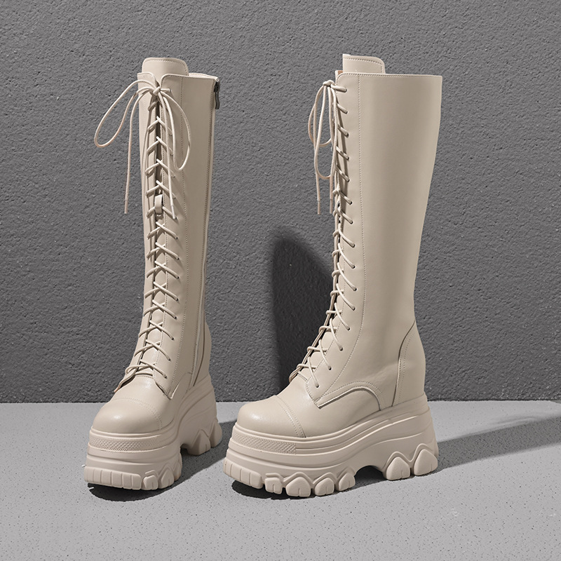 Boot nữ cổ cao ôm bắp chân dây buộc gót 12 cm phong cách retro Anh — Đen nhung chi tiết 8