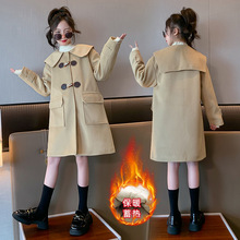 女童秋冬外套2025新款儿童韩系纯色中长款时尚休闲牛角扣毛呢大衣