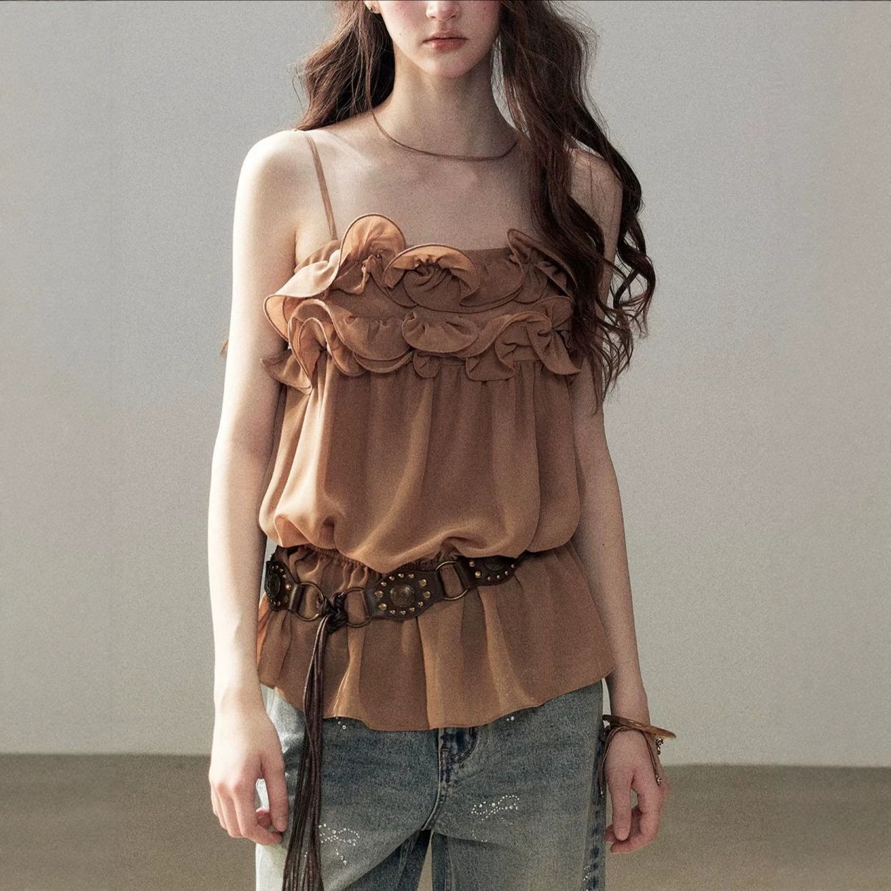 "Passing By Your Twilight" Ruffled French Chiffon Sleeveless Slimming Camisole Top for Women, Summer