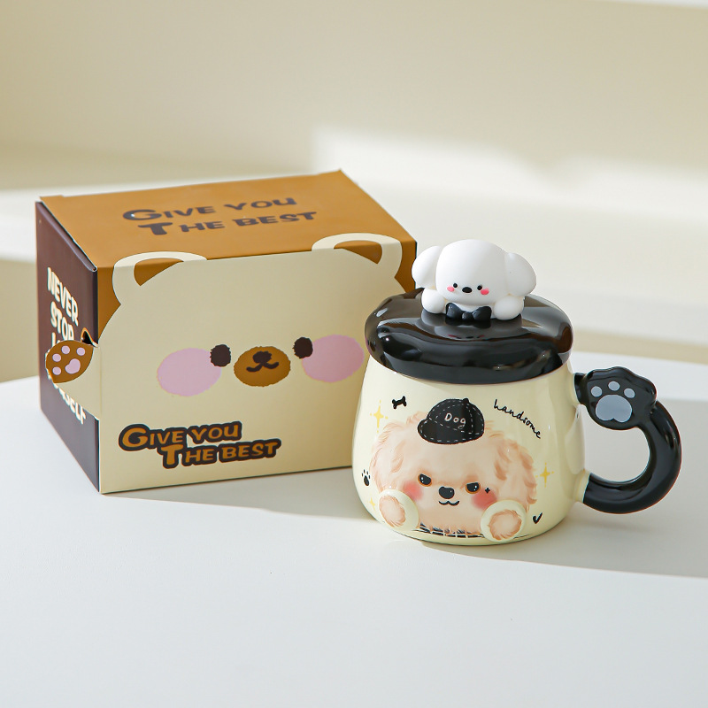 Taza de cerámica de alto valor nominal ins para cachorros con tapa para casa encantadora pareja taza de café para desayuno para acompañantes taza de regalo