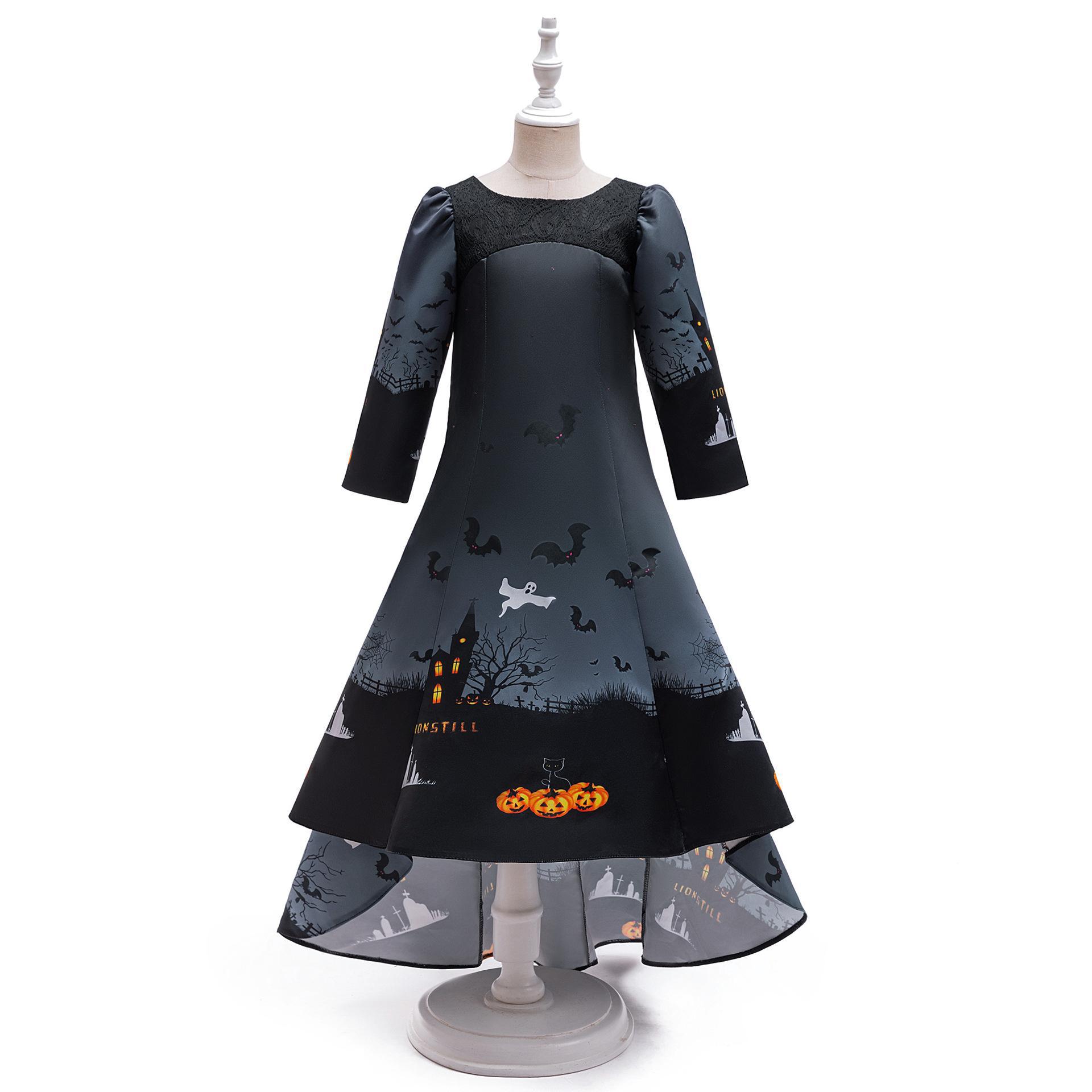 Nuevo cross-border Halloween impresión coswear vestido de satin de manga larga niñas Halloween vestido largo