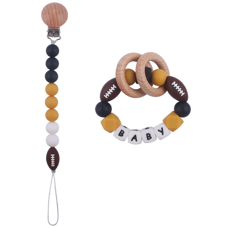 Nuevo bebé suministros de dibujos animados rugby mordedor chupete cadena calmante bebé DIY pulsera mordedor conjunto de dos piezas