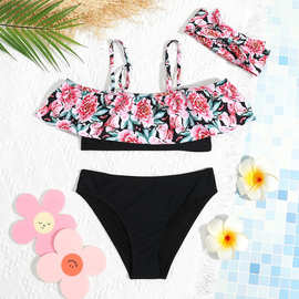 2025新款女童花朵时尚分体泳衣性感宝宝小中大童游泳装儿童比基尼