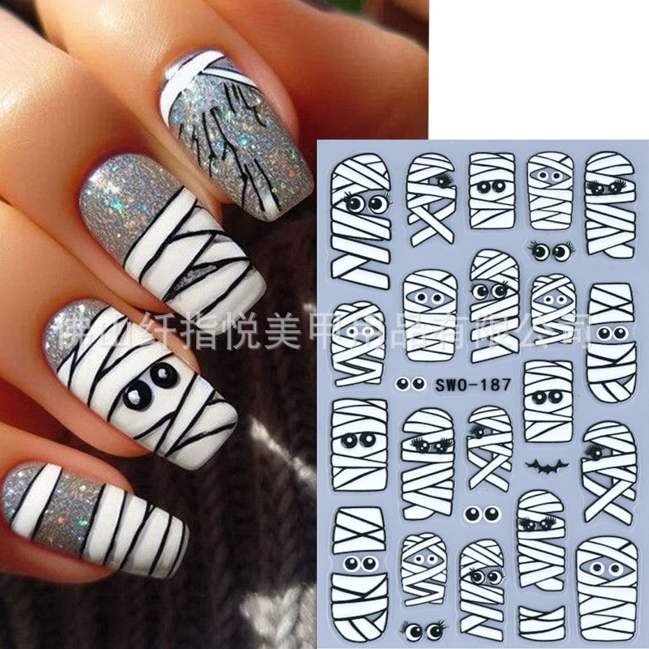 Cross-Border New Halloween Nail Stickers Ins Cute Cartoon Mummy Eyes Bat Skull Nail Stickers