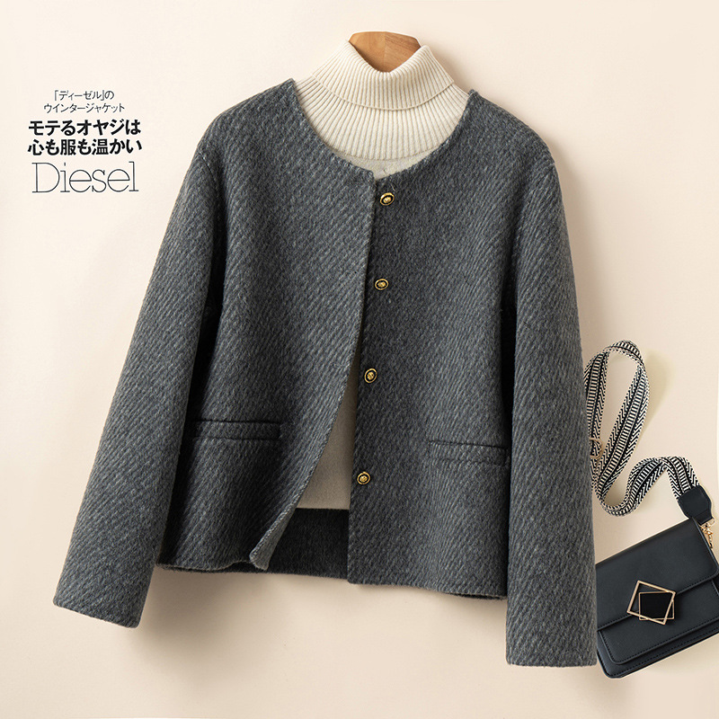 Double-Sided Woolen Outwear Women's Short Classy 2025 New Autumn and Winter Cocoon-Shaped Loose Round Neck Woolen Outwear for Small People