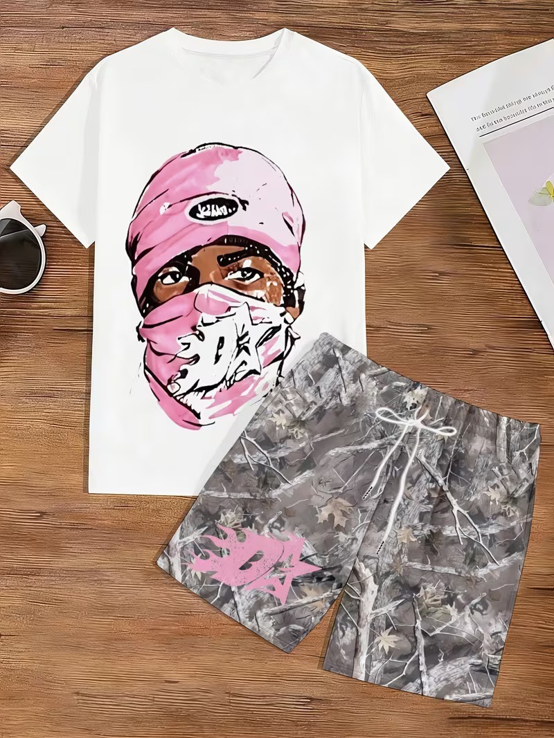 Fábrica de origen puede personalizar la impresión transfronteriza hip-hop manga corta pantalones cortos casuales set sueltos estilo americano diy