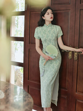 复古文艺提花现代改良旗袍夏季老上海民族风少女修身绿色连衣裙短