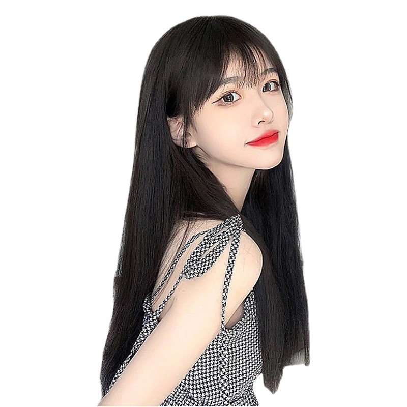 Peluca de fábrica mecanismo de seda de alta temperatura femenina pelo largo negro recto Bangs fibra química cubierta de la cabeza superior completa en stock simulación pelo largo