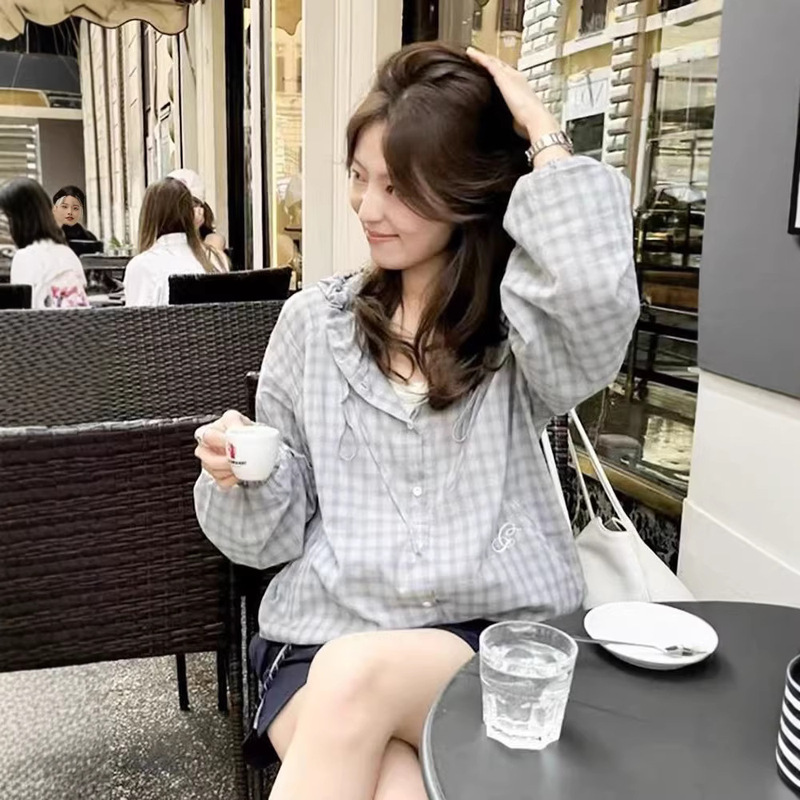 Korean Niche Brand G*D Loose Plaid Lace-Up Hooded Thin Sun-Protective Shirt for Women, Summer Air-Conditioning Shirt Korean Niche Brand G*D Loose Plaid Lace-Up Hooded Thin Sun-Protective Shirt for Women, Summer Air-Conditioning Shirt