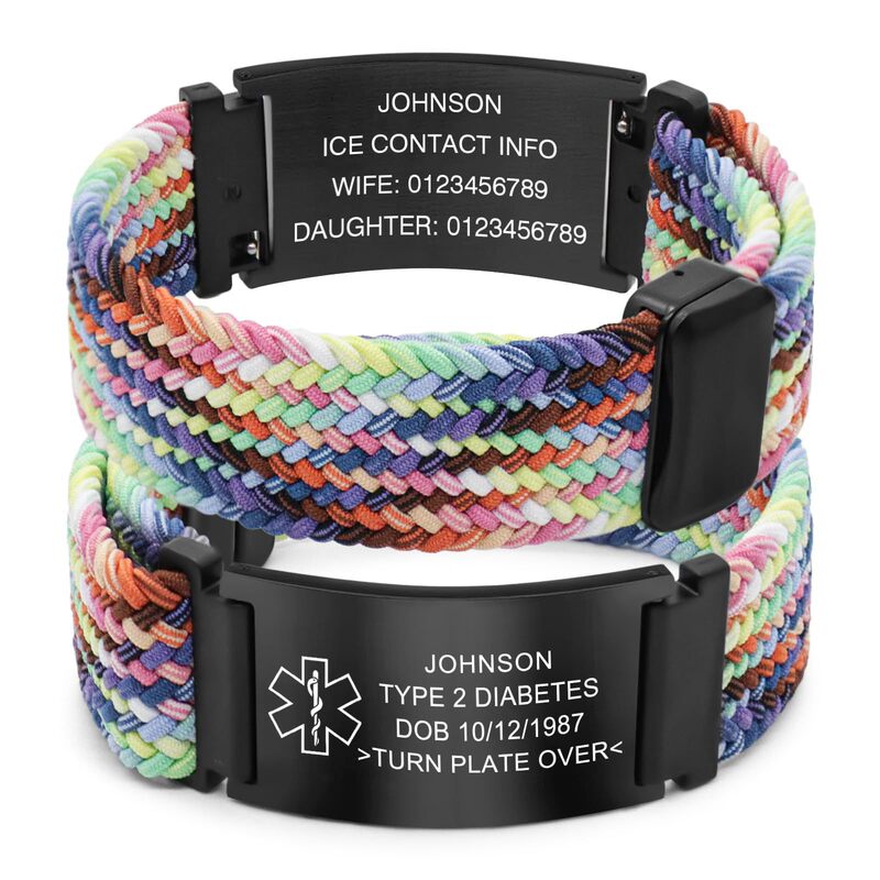New Black Webbing Steel Tag Bracelet, Stainless Steel Curved Tag Bracelet, Laser Engraved Elastic Webbing Medical Alert Bracelet New Black Webbing Steel Tag Bracelet, Stainless Steel Curved Tag Bracelet, Laser Engraved Elastic Webbing Medical Alert Bracelet