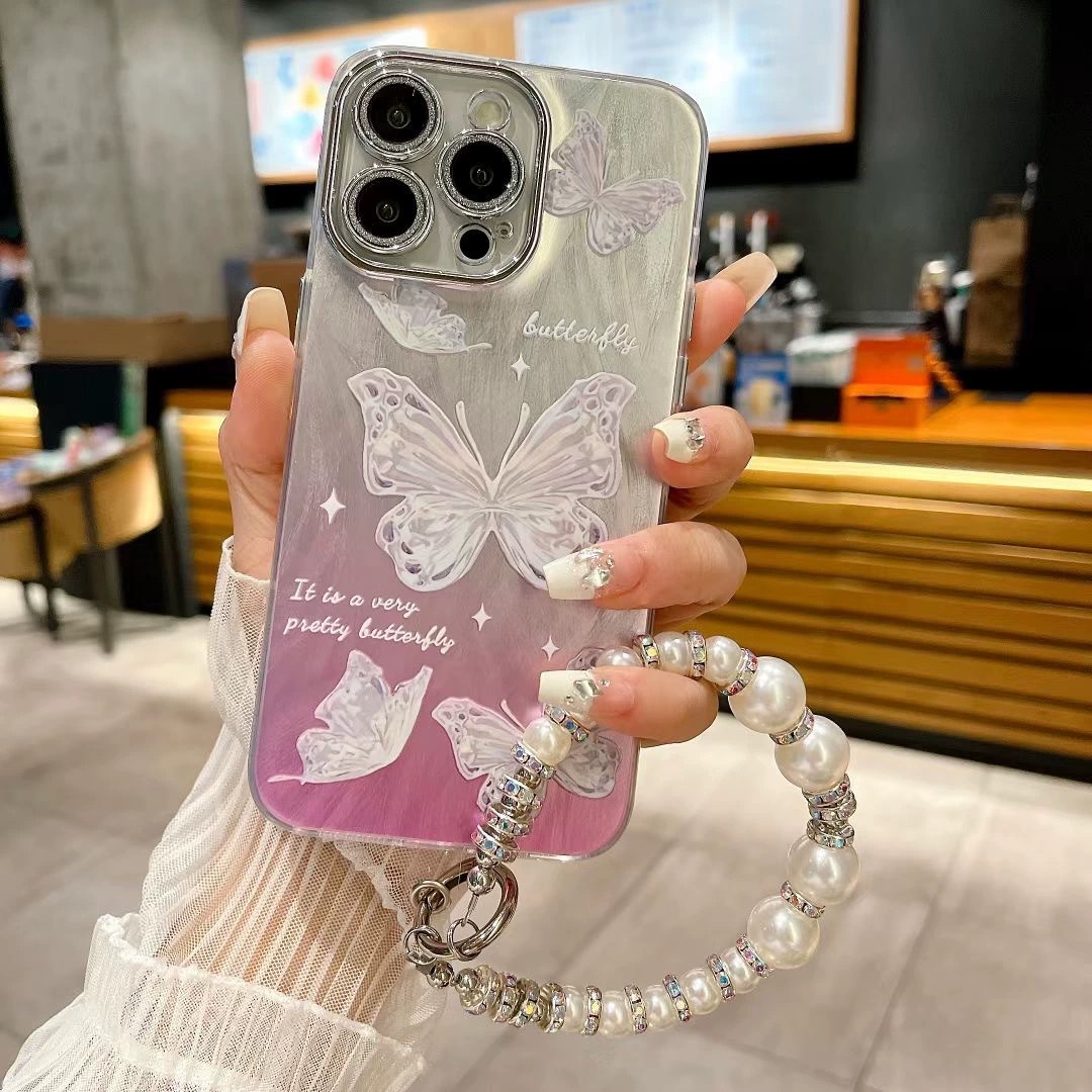 Lazo de perla de hilo de plumas francés para lente de brillo iPhone14 15ProMax funda para teléfono 12 Apple 13