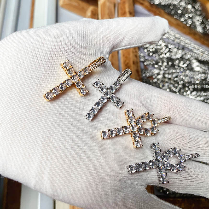 Full gold double cross diamond unisex sweater chain, couple necklace, Croquet necklace_voghion.com