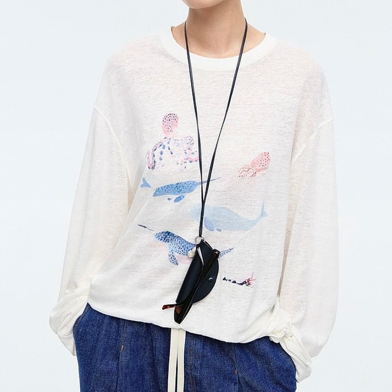Ed26 New Summer Style Ocean Animal Print Lettered Linen Relaxed Knit Sweater Minimalist Versatile Loose Long-Sleeve Top Ed26 New Summer Style Ocean Animal Print Lettered Linen Relaxed Knit Sweater Minimalist Versatile Loose Long-Sleeve Top