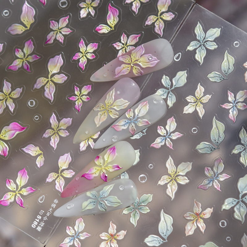 Pink and Green-Toned Large Lily Flower Nail Stickers, Embossed 3D Style, Versatile Plumeria Adhesive Nail Decoration Stickers