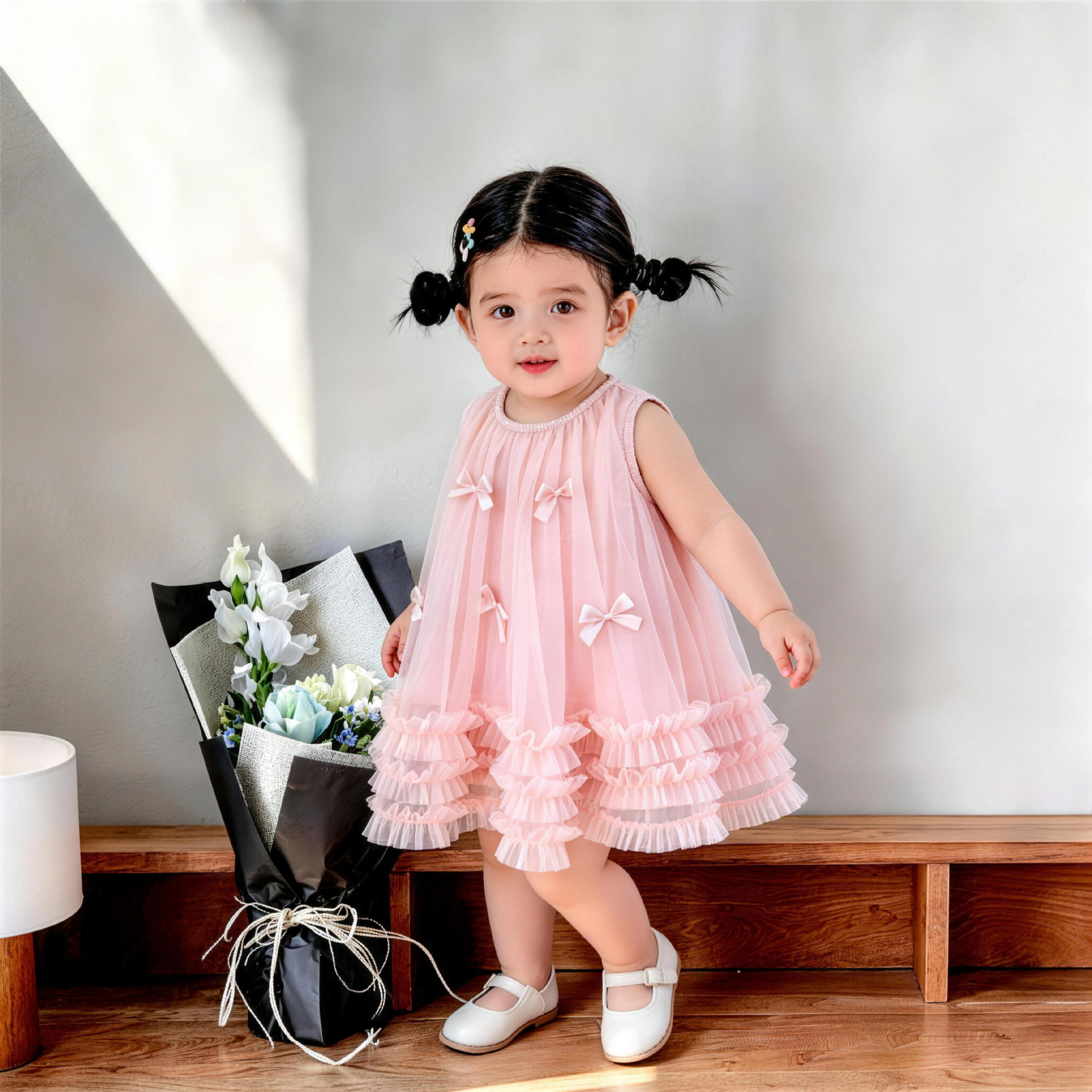 Sleeveless 3D Bow Mesh Dress for Girls, Summer 2026, Sweet Mesh Dress for Baby Girls