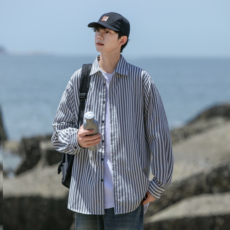 plus size Striped Long Sleeve 2024 Spring and Autumn Shirt Loose Casual Jacket Student Harajuku Style Shirt Men's Hong Kong Style