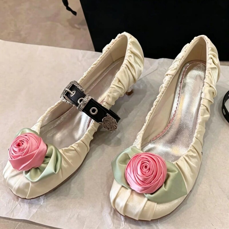 [In Stock] French Satin Ruched Rose Flower Ballet Mary Jane Round-Toe High Heels with Thin Cat Heel