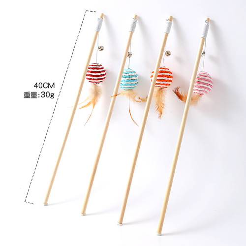 Cat Funny Stick Paper Rope Braided Feather Bell Pendant Solid Wood Funny Toy Wooden Pole Cat Fighting Stick Wholesale