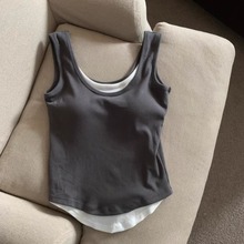 灰色假两件工字背心女夏外穿遮副乳独特别致小吊带文胸一体上衣潮