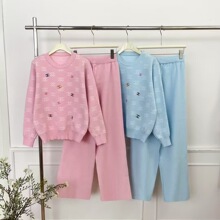 跨境2025年新款百搭气质字母刺绣套头圆领针织上衣阔腿裤两件套女