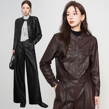 2025新款真皮皮衣女短款圆领单排扣植鞣绵羊皮夹克外套机车服潮