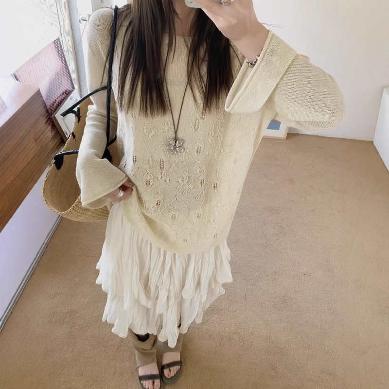 Clothing Brand Plant Floral Washi Yarn Top for Women, Round Neck Knitwear, Silk Drape Sun Protection Shirt, New for Spring/Summer 2026