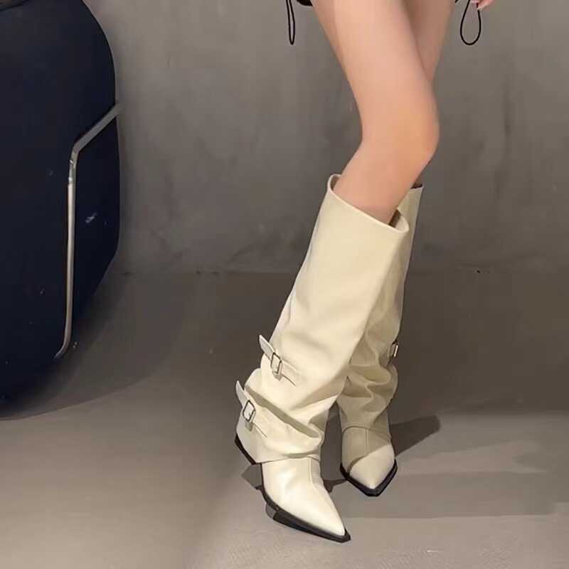 화이트 하이힐 팬츠 부츠 여성용 두꺼운 힐 포인팅 무릎 롱 부츠 벨트 버클 하이 부츠