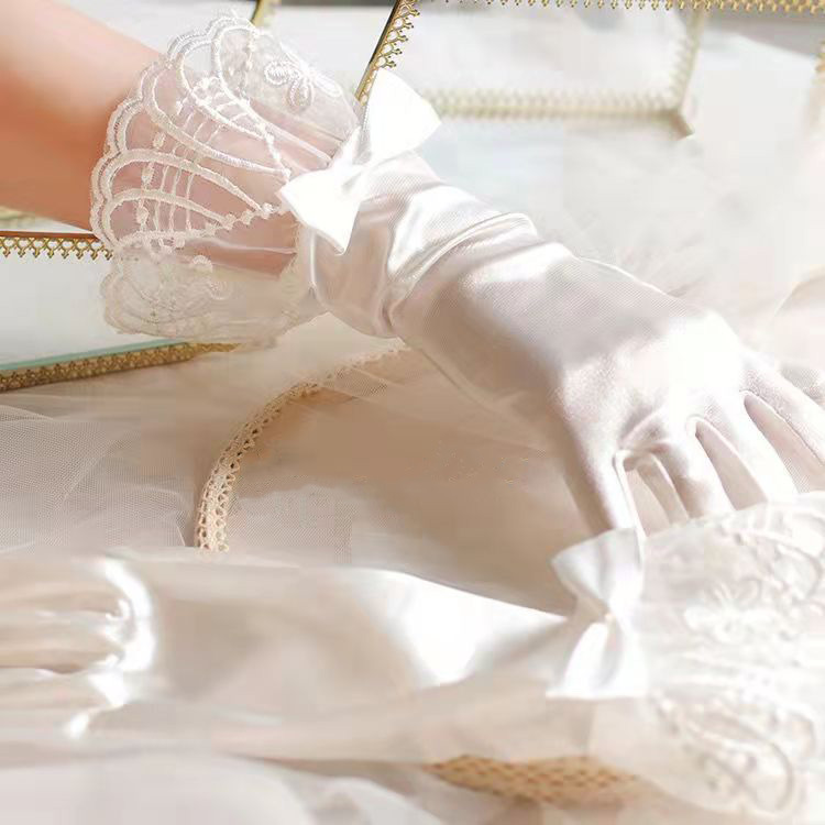 Cute short lace white elastic gloves for bride with bow