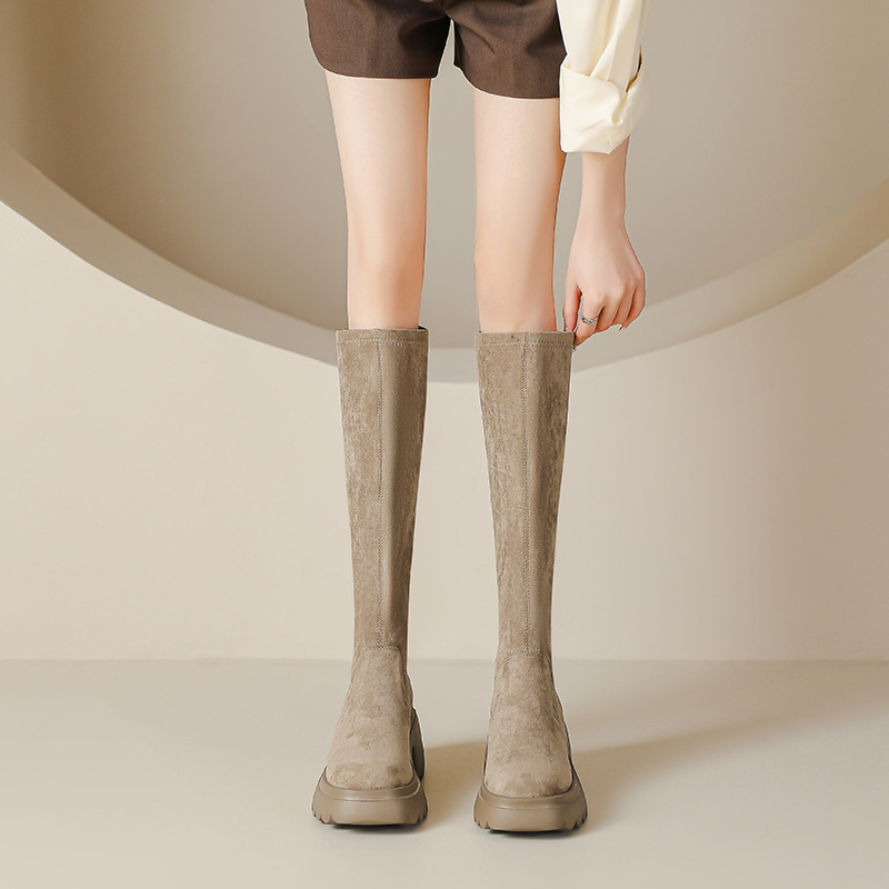 Women's thick-soled boots 2023 autumn and winter high-heeled 7cm high-heeled platform height-increasing elastic knee-length platform boots