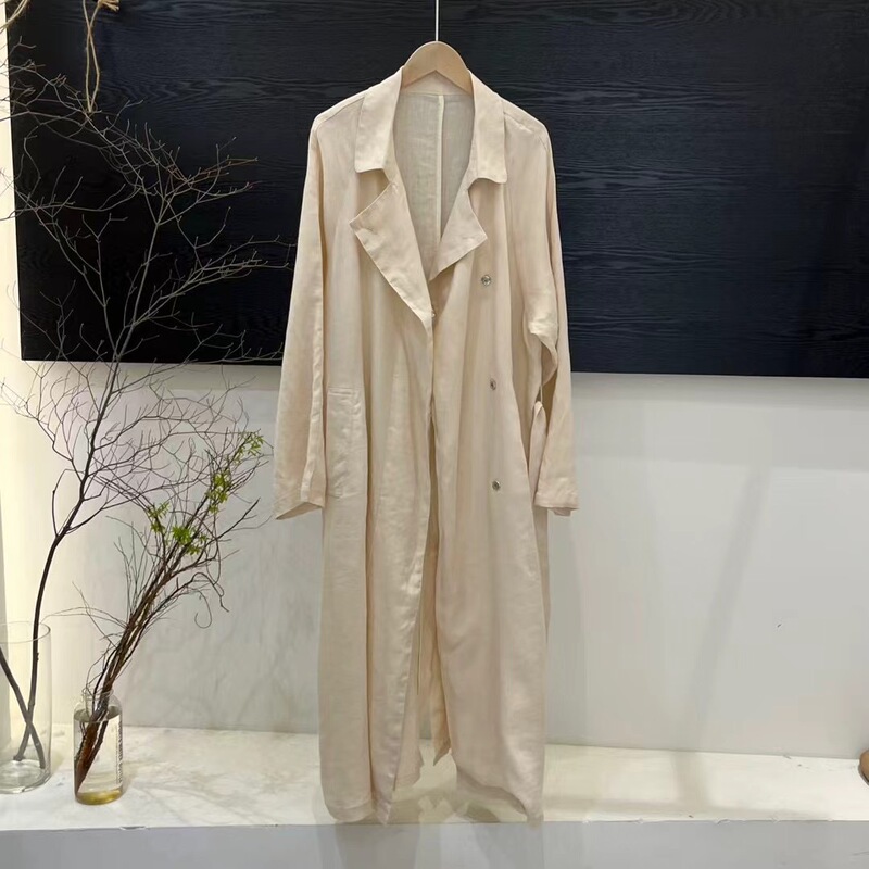 Linen Pure Color 2025 Spring New Long-Sleeved Literary Style Suit Collar Long Outwear Slimming Look Women's Elegant Windbreaker